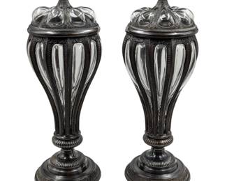 A Very Fine Pair Of Decorative Hand Blown Bubble Glass Urns Mounted On Heavy Metal
