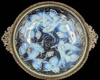 Vintage French Sabino Opalescent Art Glass Centerpiece Bowl With Bronze Handles