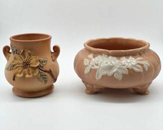Pair Of Vintage Weller Peach Pottery Pieces, Double Handled Vase And Cameo Footed Planter