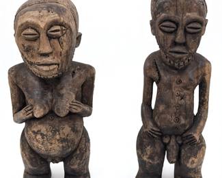 Pair Of African Hemba Fertility Couple Carved Wood Figures, Male And Female