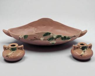 Lot Of 3 Vintage Roseville Pottery Pieces, Dusty Rose Snowberry Candlestick Holders And Console Bowl