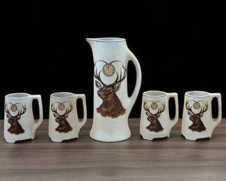 Roseville Pottery Creamware Lodge Line Elk Tankard & Mugs