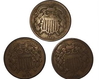 Lot Of 3 Antique Coins 1864, 1865 And 1866 2 Cents Ungraded
