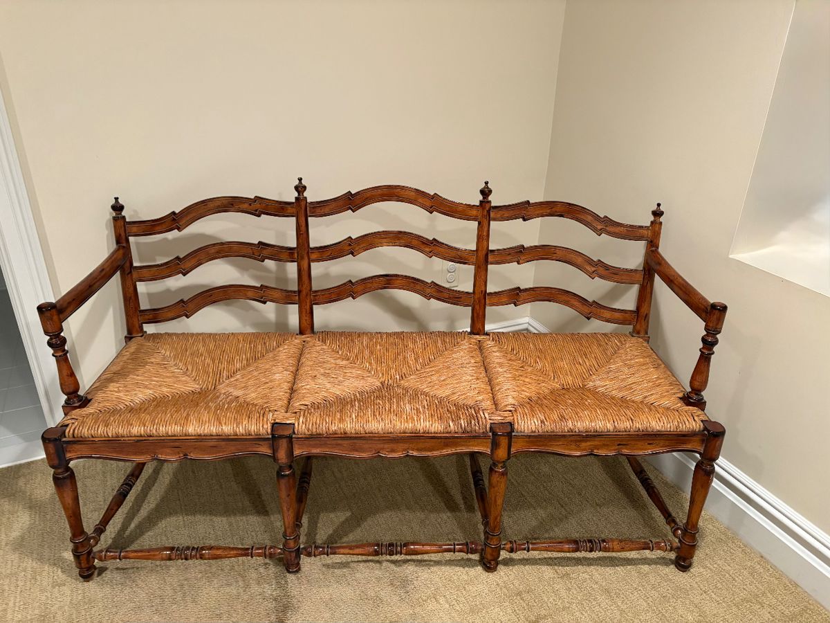 Vintage French country ladder back three seater bench
