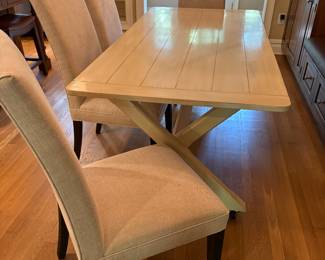 Rustic solid wood. Farm style trestle base dining table with 4 Restoration Hardware chairs