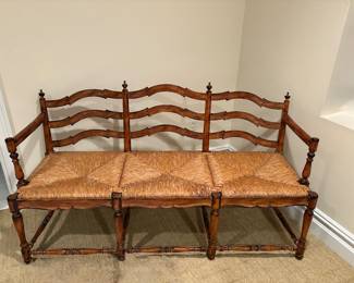 Vintage French country ladder back three seater bench