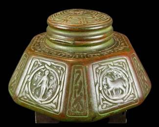 Antique Authentic Tiffany Studios Bronze Inkwell Zodiac Pattern