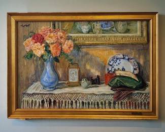 American New York-Lilian MacKendrick 1906-1987 O/C Still Life Painting "ORANGE ROSES"