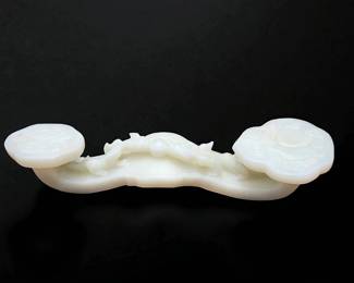 A Large Chinese Carved White Jade Ruyi Scepter Decorated With Peach & 2 Chilongs