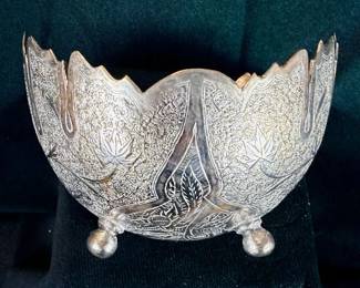 Sterling Silver Chased Kashmir Footed Bowl, Signed, 117 Grams
