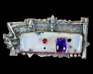 Vintage Sterling Silver Brooch With Amethyst, Ruby, And A Moss Agate Backing, Signed