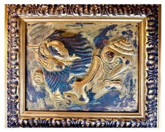 RARE AMAZING 18th C Sino Tibetan Temple Gilt Plaque Repousse Depicting A Dragon Or Lion