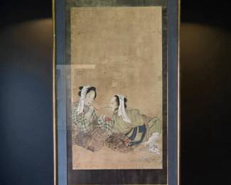 19th Century Scroll Painting Depicting 2 Women In A Landscape, Circa 1820 Edo Period
