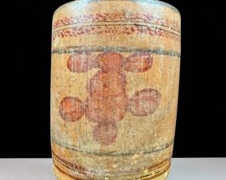 Antique Mayan Cylinder Vessel Polychrome With Painted Glyphs And Bands