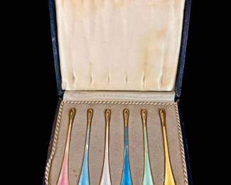 Exceedingly RARE Set Of 6 Danish Sterling Silver And Enamel Caviar Spoons, Circa 1900