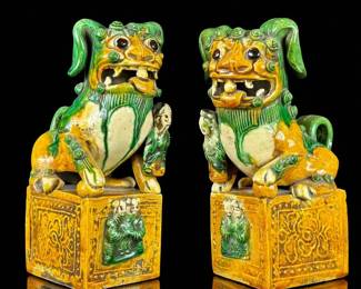 Pair Of Chinese Unique Formed And Whimsical Standing Pottery Fu Dogs / Sancai Foo Lions