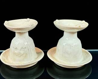 Pair of Antique Chinese Song Dynasty Period Qingbai Glazed Oil Lamps