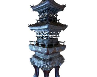 Rarest 18th C Or Older Chinese Bronze Censer Three-Tiered Pagoda Form
