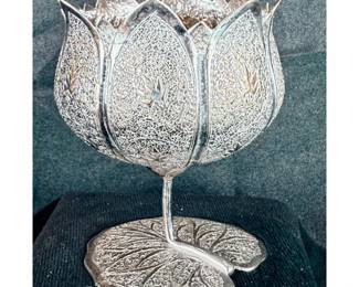 Sterling Silver Chased Kashmir Footed Lotus Base Pedestal Form Vessel, 86 grams