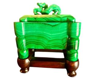 Antique Chinese Solid Carved Malachite Lidded Vessel Fang Form With Dragon