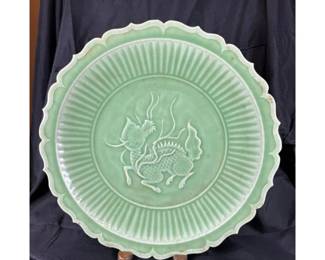 Large Antique Chinese Celadon Longquan Kiln Charger With Dragon, Qing Dynasty