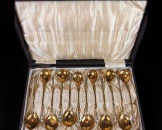 Set of 12 Magnificent Boxed Sterling Gold Washed Spoons With Ram's Hoof Handles