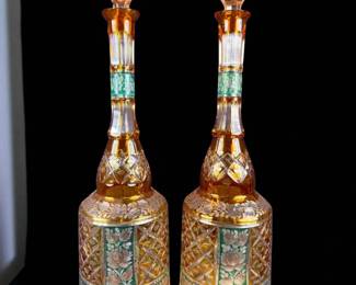 Rare Large Pair Of Antique Dutch Amber And Green Cut To Clear Glass Decanters