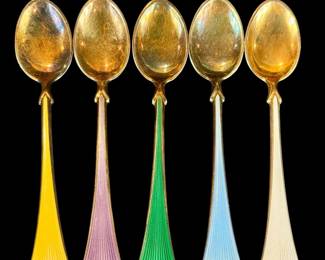 Set Of 5 Russian Enamel On Sterling Silver Gold Wash Demitasse Spoons