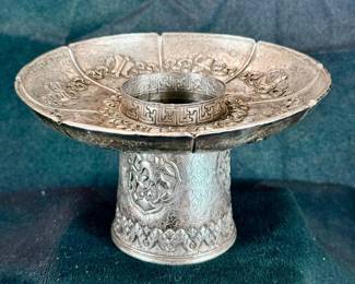 Exceedingly Rare Sino-Tibetan Sterling Silver Chased Imperial Cup Holder, 18th Century, 157 Grams