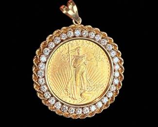 Rare St. Gaudens Full Ounce Gold Coin Pendant With Diamonds