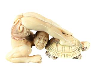 Antique Japanese Carved Okimono In The Form Of A Wrestler And Turtle, Meiji Period, Circa 1900
