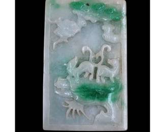 Antique Chinese Jadeite Plaque Depicting Two Animals In High Relief