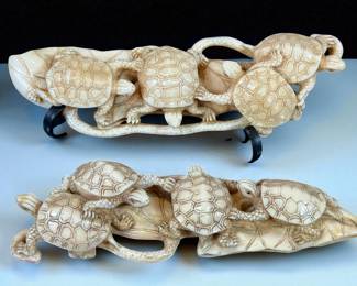 A Pair Of Artist Signed Antique Japanese Figure Turtles On A Lotus