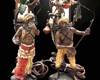 Pair Of Antique Cold Painted Franz Xaiver Bergman Orientalist Bronze Figural Lamps