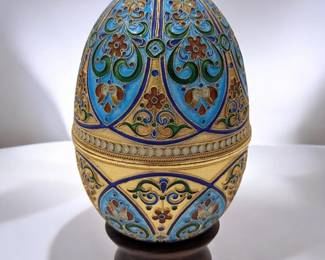 A Very Fine Antique Russian Enamel Egg Box With Wooden Stand