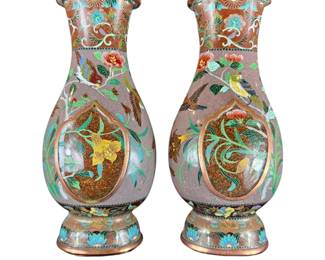 Pair Of Unusual Form Japanese Cloisonne Vases Ca 1900 Moriage Design