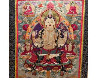 Magnificent & RARE Hand Embroidered Silk Thangka, Dating From The 19th Century