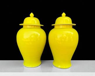 Pair Of Chinese Qing Dynasty Monumental Sized Egg Yolk Yellow Lidded Jars