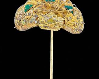 Chinese Qing Dynasty Gold Washed Over Silver Court Attendant Ladies Hair Pin With Jade