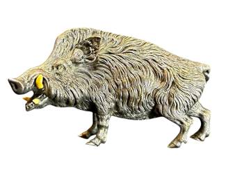 Russian or Austrian Silver Wild Boar With Inlaid Crystal Eyes And Bone Tusks