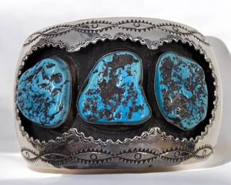 Judy Wallace Zuni Concho Silver And Turquoise Bracelet, Initialed JW, 117 Grams Total Weight