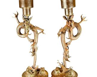 Meiji Era Pair Of Japanese Bronze Dragon Candlesticks, Circa 1880