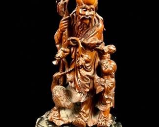 Masterfully Carved Chinese Boxwood Sage With A Young Child & A Bird 19th C
