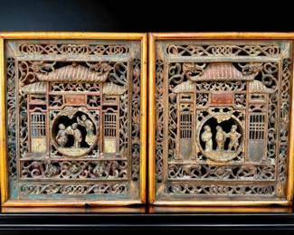 Pair Of Rare Late Ming Dynasty Highly Carved Hardwood Chinese Windows