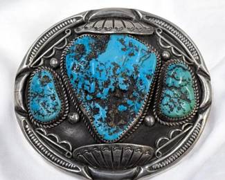 Zuni Concho Silver And Turquoise Belt Buckle, 121 Grams Total Weight Possible Judy Wallace