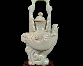 Early Chinese Qingbai Sky Blue Glazed Pottery Ewer, Phoenix Form