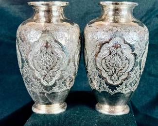 Pair of Persian Sterling Silver Vases, 292 Grams