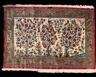 Signed Vintage Silk On Silk Hand Woven Persian Rug “Tree of Life" Pattern