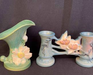 Vintage Roseville Magnolia Double Bud Vase , Green Fluted Cornucopia Vase 