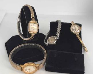 4 Ladies Vintage Watches * 14K Gold Face Bulova, 10K Face Elgin, Seiko 